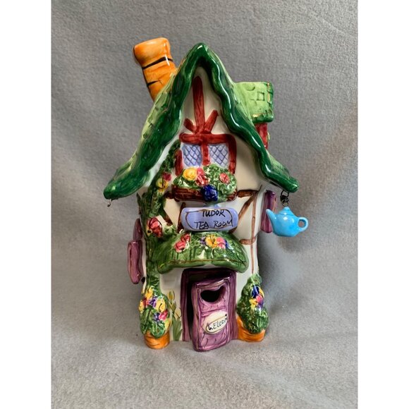 Cobblestone Village Tudor Tea Room Candle Holder Ceramic House with Green Roof - Picture 5 of 15